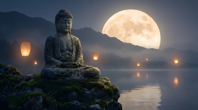 Serene Stone Buddha Statue Meditating by a Misty Lake under a Massive Full Moon with Floating Lanterns, Generative AI.