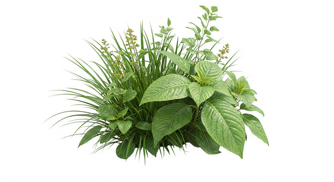 Lush green tropical plant bush with long grass and broad leaves isolated on transparent background