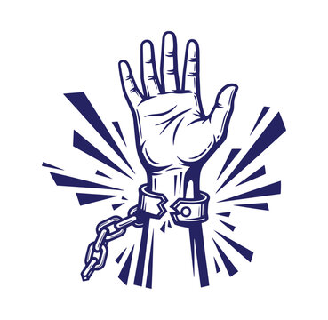 Hand with broken metal handcuff and chain on white background