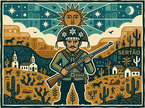 Brazilian Cangaceiro Folk Art Illustration in Xilogravura Woodcut Style, Sert&atilde;o Landscape with Cactus and Sun