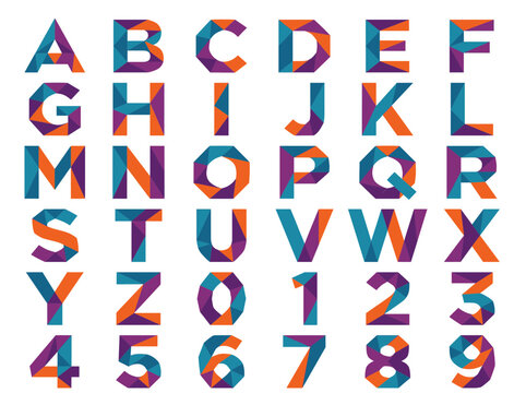 Alphabet and numbers set with geometric low poly style isolated