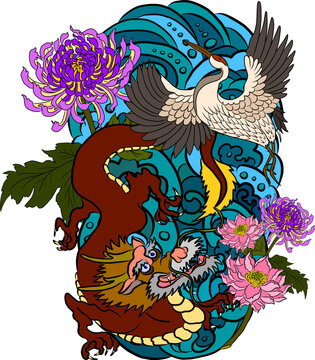 hand drawn Dragon tattoo ,coloring book japanese style.Japanese old dragon for tattoo.Symbol of chinese dragon illustration on background for T-shirt. Traditional Asian tattoo the old dragon vector.