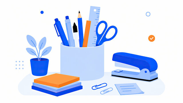 Office desk supplies stationery with pens scissors stapler and sticky notes