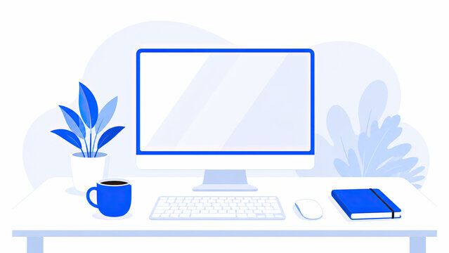 Minimal blue desktop computer setup with plant and coffee on white desk