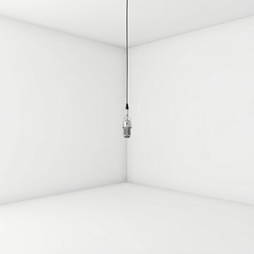 A vintage silver microphone hanging in the center of a bright, overexposed white room The shadows are barely visible, making the microphone appear as if it is floating in a void of pure light Wide s
