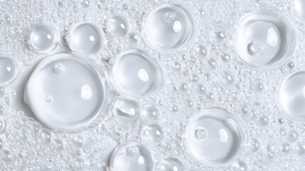 Fototapeta premium A pure white cosmetic gel serum with an oil-like texture, set against a white background. A close-up of a skincare product containing hyaluronic acid, featuring bubbles. A pure white cosmetic gel seru