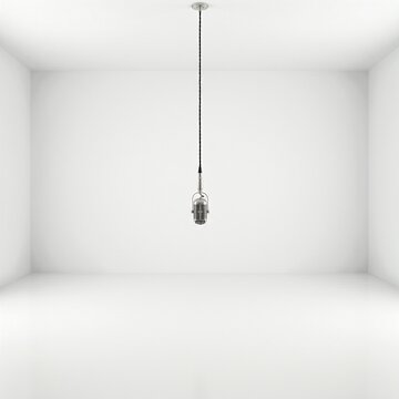 A vintage silver microphone hanging in the center of a bright, overexposed white room The shadows are barely visible, making the microphone appear as if it is floating in a void of pure light Wide s