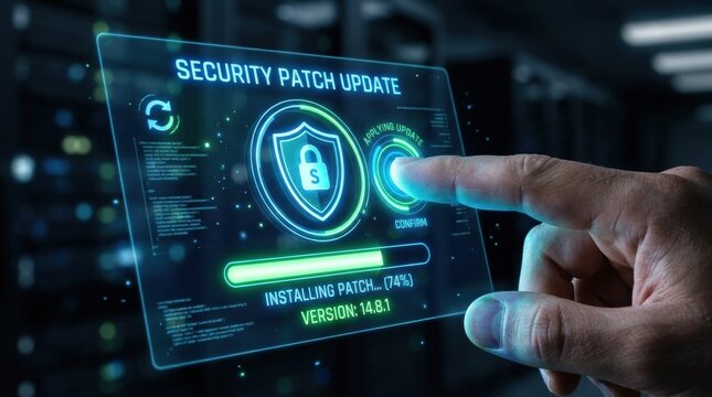 A hand is touching a holographic cybersecurity shield while updating security software on a digital interface in a server room.