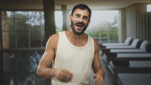 Man with beard in tanktop touching face and smiling with open mouth beside loungers by indoor pool inside a building's relaxation area; casual joy.