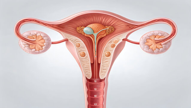 Anatomical illustration of the female reproductive system focusing on the uterus and ovaries