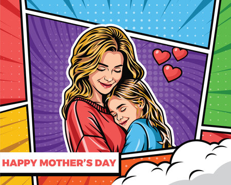 Happy Mothers Day Greeting Card Pop Art Illustration with Mother and Child