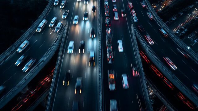 Fast moving cars on modern multi level highway intersection, top down view of intense rush hour traffic at city crossroad
