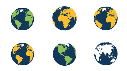 Obraz premium Set of globe illustrations showing different continents of the world in various color combinations like green, yellow, and white.