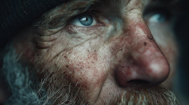 Elderly man with blue eyes and facial hair looks thoughtfully