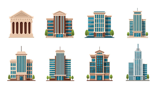 Set of modern and classical office buildings and bank illustrations in a clean flat design style with small green decorative trees.