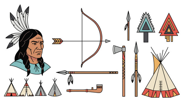 Native American heritage collection with a male portrait, bow and arrow, spears, teepees, and a traditional smoking peace pipe.