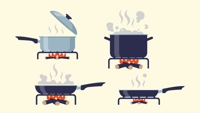 Set of various cooking pots and pans boiling and steaming on open wood fires isolated on a light yellow background for cooking.