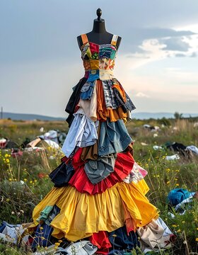 A mannequin wearing a multicolored dress made from recycled materials