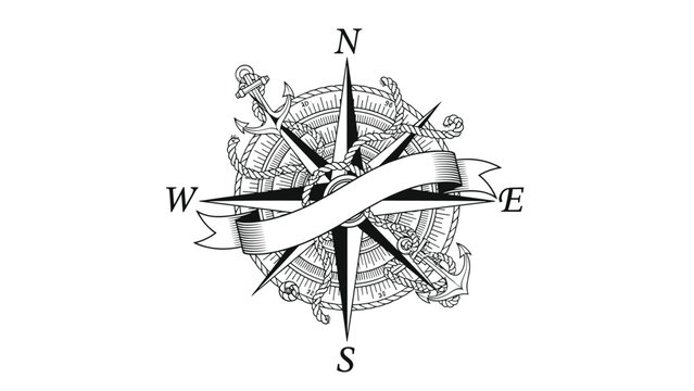 Vintage nautical compass rose illustration with a ship anchor, twisted rope, and a blank ribbon banner for maritime navigation concepts.