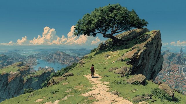 Person walks along a rocky path overlooking a city and water
