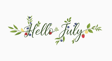 Hello July floral lettering with berries and leaves, summer greeting © Usaha