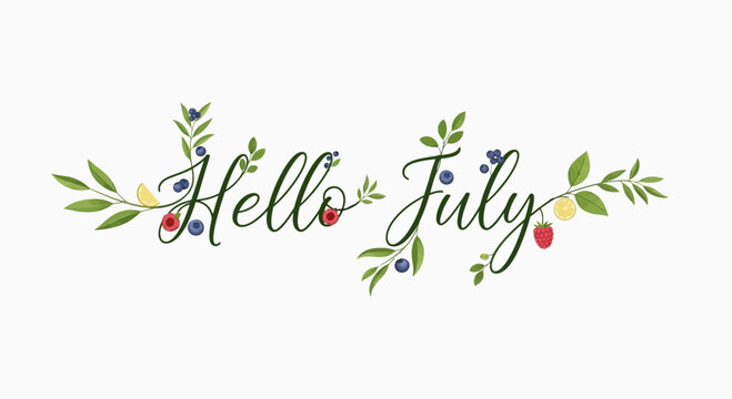Hello July floral lettering with berries and leaves, summer greeting