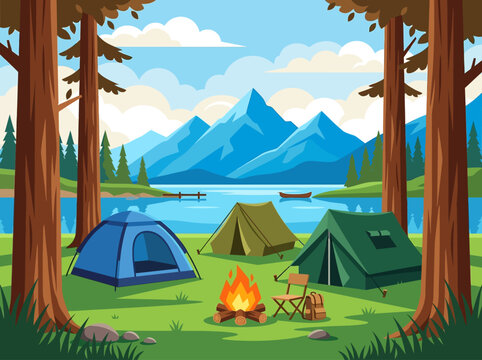 Flat Vector Illustration of a Summer Camping Site with Tents, Campfire, and Mountains by the Lake