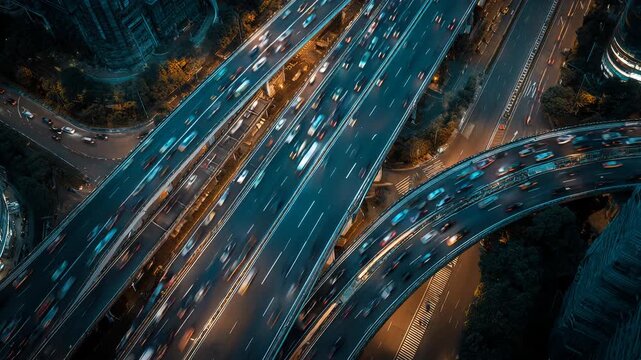 Fast moving cars on modern multi level highway intersection, top down view of intense rush hour traffic at city crossroad