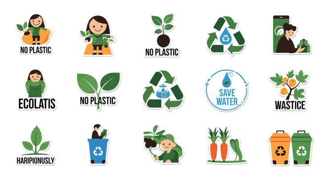 Variety of eco friendly stickers and symbols promoting recycling, water conservation, zero waste lifestyles, and reducing plastic usage.