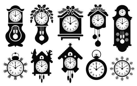 Various black clock silhouettes with white faces and decorative details