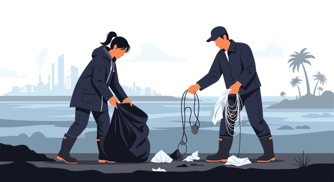 Two dedicated volunteers wearing boots and jackets collecting trash and plastic waste on a beach to help protect the coastal environment.