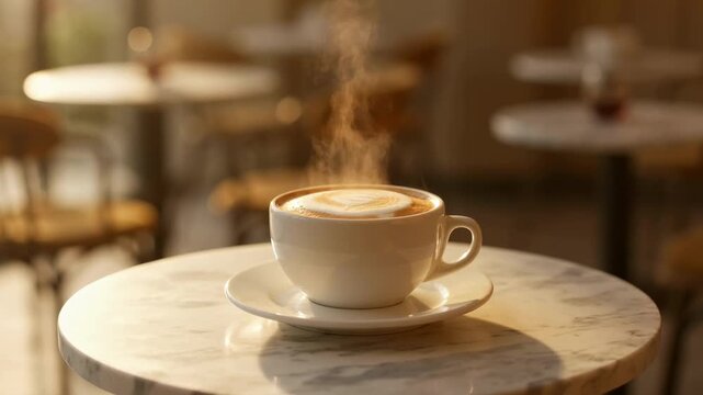 Steaming cappuccino with latte art on marble table in cafe