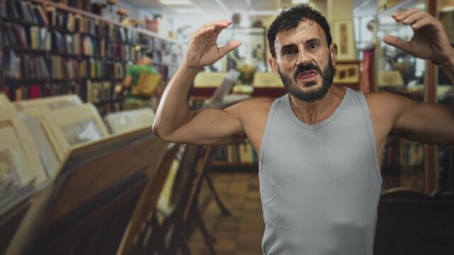 Man with hands raised and visible forearms, tense face, standing among bookshelves and framed prints inside a bookstore building; alarm defiance.