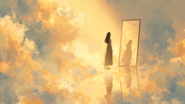 Woman Silhouette Standing Before Mirror in Golden Ethereal Clouds with Luminous Light