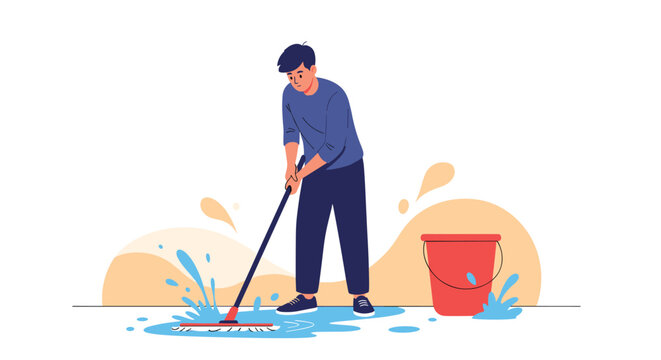 Young man cleaning the floor with a mop and a bucket of water, depicted in a flat vector style with vibrant colors and fluid shapes.