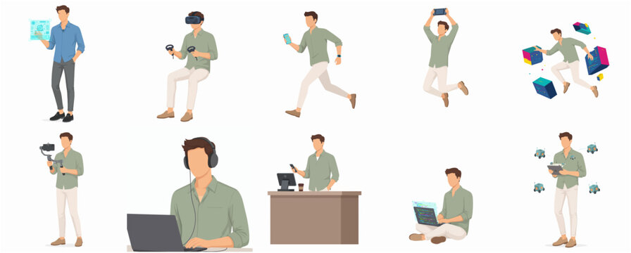 Modern Young Man Engaged in Diverse Digital Activities and Lifestyle Poses