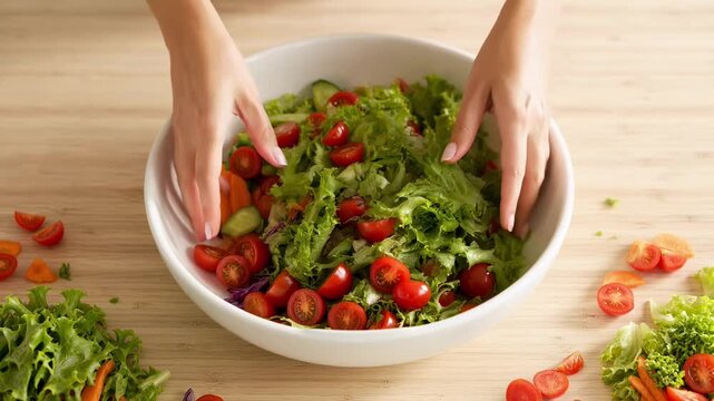 Woman hands tossing fresh salad in white bowl, overhead view