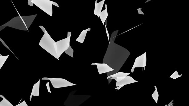 Falling White Paper Documents With Luma Matte, White papers falling down on black background. 
Pages falling white paper book literature business school 4k