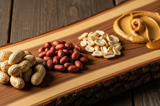 Peanuts in Various Forms on Wooden Board &mdash; Whole, Shelled, Roasted, and Peanut Butter