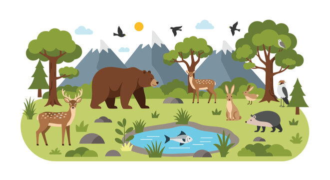 Wild animals including a brown bear, deer, and birds inhabit a peaceful forest landscape with a pond and mountains in the distance.