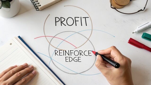 Hand drawing profit and reinforce edge business strategy diagram on white surface