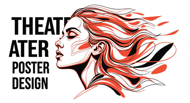 Theater poster design, illustration of woman's face, red hair, vector graphics, theater poster template