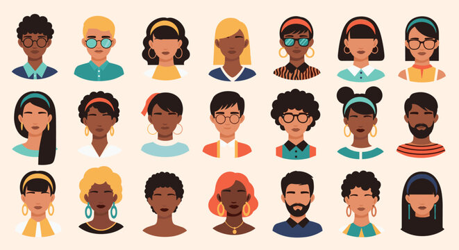 Collection of diverse human avatars features men and women with different hairstyles, glasses, and accessories in a modern flat design.
