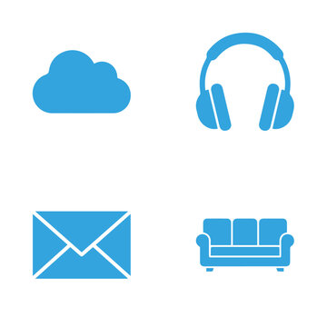 Title: blue cloud with headphones envelope and sofa on a white background (908