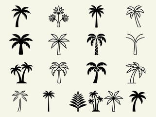 Fototapeta premium Minimalist Palm Tree Icon Collection - 16 Tropical Silhouette and Line Art Symbols for Branding and Summer Design