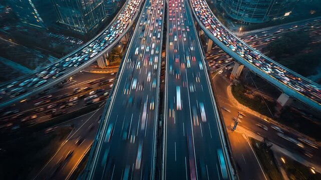 Fast moving cars on modern multi level highway intersection, top down view of intense rush hour traffic at city crossroad