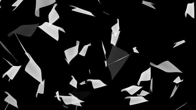 Falling White Paper Documents With Luma Matte, White papers falling down on black background. 
Pages falling white paper book literature business school 4k