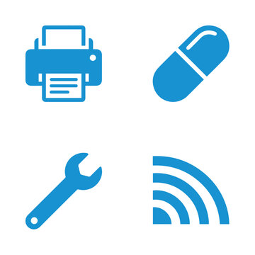 Title: flat blue printer pill wrench and wifi signal on a white background (893