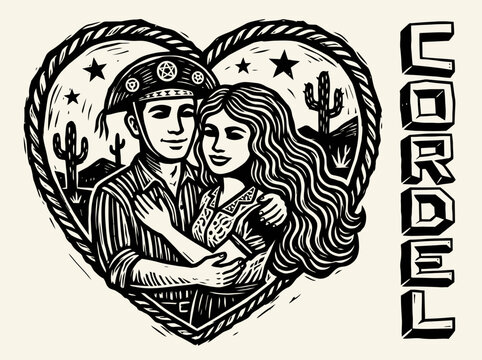 Brazilian Cordel Style Woodcut Illustration of a Romantic Couple in a Heart Frame, Xilogravura Folk Art with Canga&ccedil;o Theme and Cacti