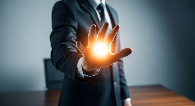 Glowing light for idea man holding brilliant energy innovation future concepts